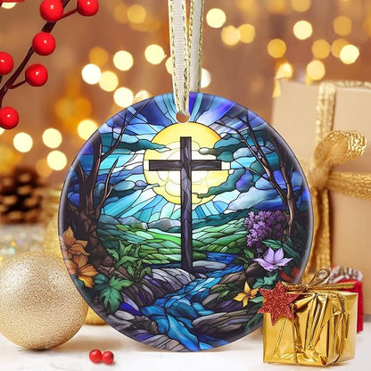 Cross 3.5 Inch Ceramic Christmas Hanging Ornament - Cross & River