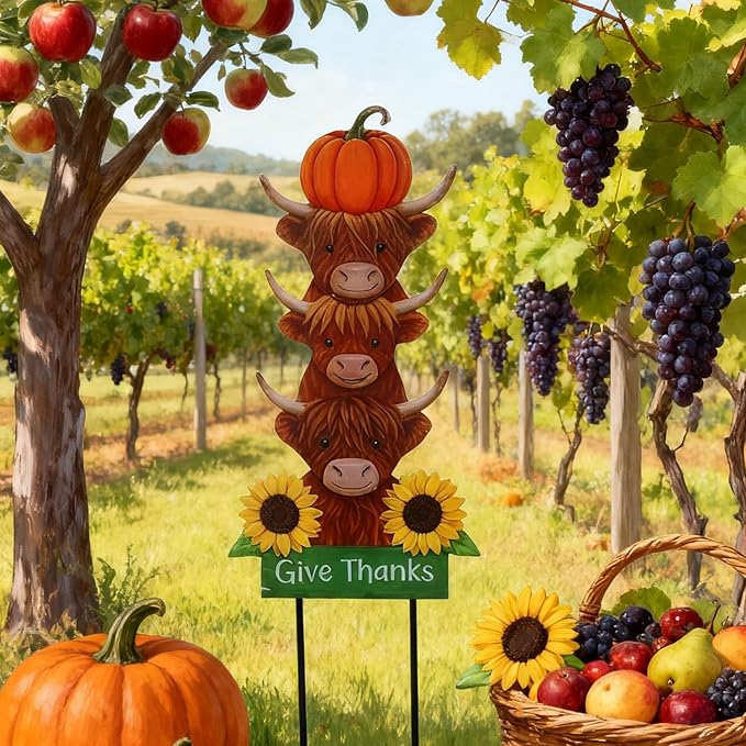 Thanksgiving Outdoor Decorations 39.3" with GIve Thanks Sign and Sunflowers, Large Highland Cow Fall Garden Stakes for Yard Lawn, and Autumn Harvest Decorations