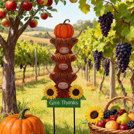 Thanksgiving Outdoor Decorations 39.3" with GIve Thanks Sign and Sunflowers, Large Highland Cow Fall Garden Stakes for Yard Lawn, and Autumn Harvest Decorations
