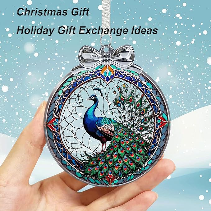 Peacock Christmas Ornament Glass- Hanging Ornaments for Christmas Tree, Christmas Ornaments Xmas Decorations for Peacock Lovers, Holiday Keepsake Present Exchange Ideas