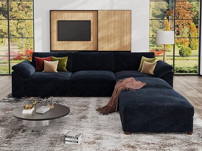 EASE MOOSE Blue Modular Sectional Couch,Oversized Deep Seat L Shape Sectional Couch,Comfty Chenille Modular Sofa for Living Room, Removable Cover