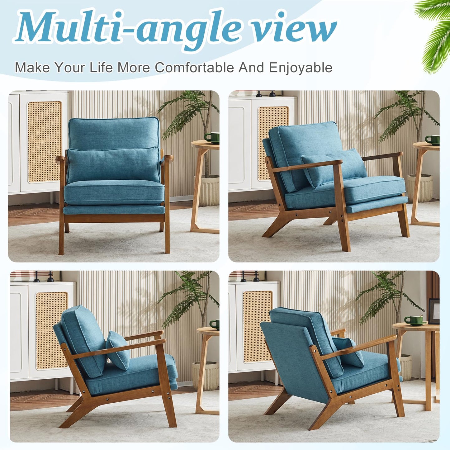 VINGLI Solid Wood Wide Armrests Accent Chair,Upholstered Mid Century Modern Chair with Pillow,Comfy Reading Chair Farmhouse Arm Chair,Chairs Living Room,Bedroom,Guest Room,Teddy Fleece,Khaki