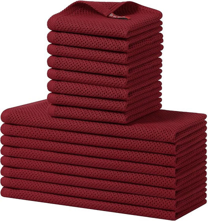 Homaxy 100% Cotton Kitchen Towels and Dishcloths Set, 12 x 12 Inches and 13 x 28 Inches, Set of 16 Bulk Kitchen Towels Set, Ultra Soft Absorbent Dish Cloths for Washing Dishes, Burgundy