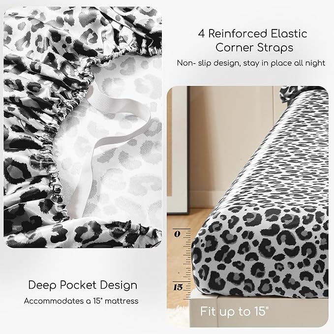 MR&HM Satin Sheets with Elastic Corner Straps, Full Size Sheets Set, 4 Pcs Silky Bedding Set with 15 Inches Deep Pocket for Mattress (Full, White Leopard)