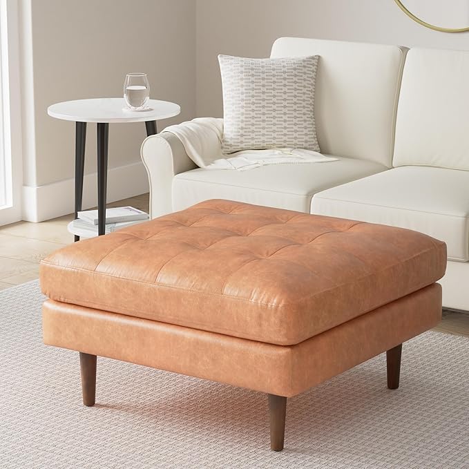 POLY & BARK Napa Ottoman - Full-Grain Leather Upholstered Ottoman with Feather-Down Topper - Accent Chairs for Living Room - Vintage Italian Leather in Cognac Tan
