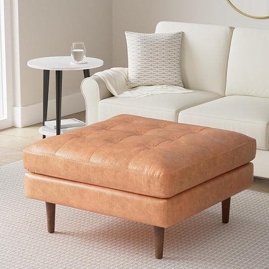 POLY & BARK Napa Ottoman - Full-Grain Leather Upholstered Ottoman with Feather-Down Topper - Accent Chairs for Living Room - Vintage Italian Leather in Cognac Tan