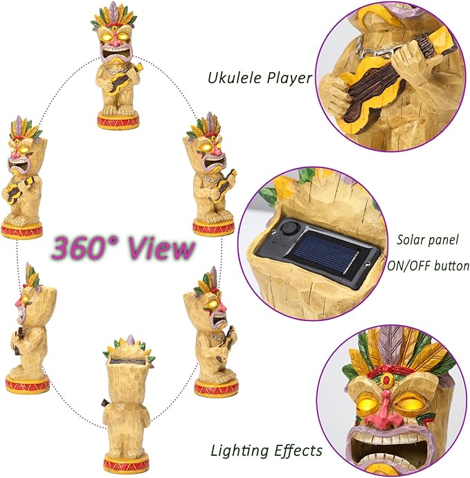 Solar Tiki Garden Statue with LED Eyes Outdoor Resin Ukulele Player Yard Decor Solar Light Hawaiian Style Lawn for Patio Porch Lawn Tiki Bar or Tiki Lover Funny Gifts