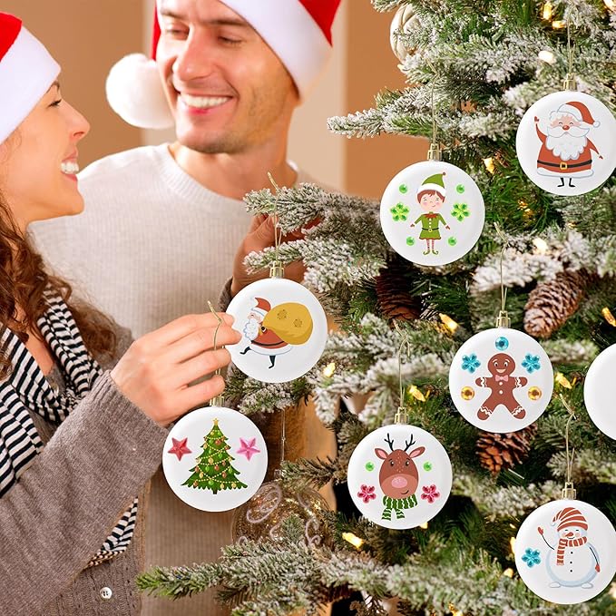Syhood 12 Pcs 3.15'' DIY Christmas Blank White Ball Ornaments Set Plastic Matte Flat Discs Ornaments DIY Xmas Tree Decor with Acrylic Paint Markers Gems Stickers for Crafts Wedding Party Decor