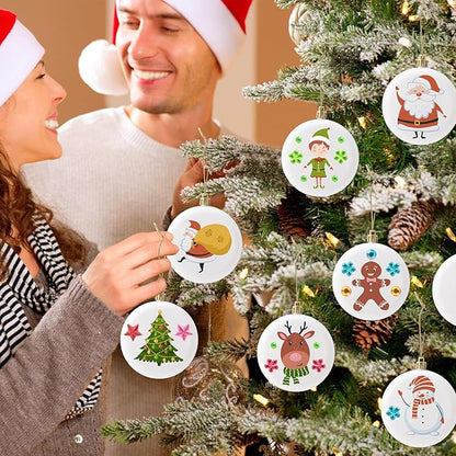 Syhood 12 Pcs 3.15'' DIY Christmas Blank White Ball Ornaments Set Plastic Matte Flat Discs Ornaments DIY Xmas Tree Decor with Acrylic Paint Markers Gems Stickers for Crafts Wedding Party Decor