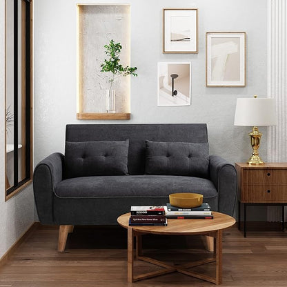 Shintenchi Small Loveseat Sofa Mid Century Fabric Upholstered 2 Seat with Pillows for Small Living Room Studio Apartment, Black