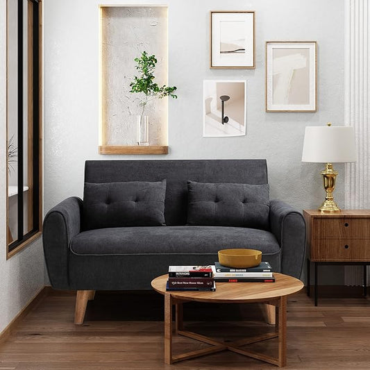 Shintenchi Small Loveseat Sofa Mid Century Fabric Upholstered 2 Seat with Pillows for Small Living Room Studio Apartment, Black