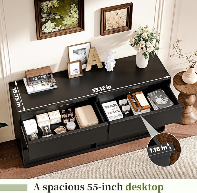 55.12" Modern Chest of Drawer, 6 Deep Drawers,Clothes Organizer,Large Storage Cabinet for Living Room, Bedroom,Dresser TV Stand, Wood Drawer Organizer for Living Room, Hallway,Black