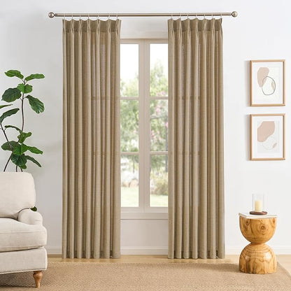 Dark Flax Pinch Pleated Linen Curtains 84 Inches Long Semi Sheer Memory Trained Ripple Fold Curtain with Hooks Back Tab Textured Light Filtering Drapes for Bedroom Living Room 42x84 Set of 2