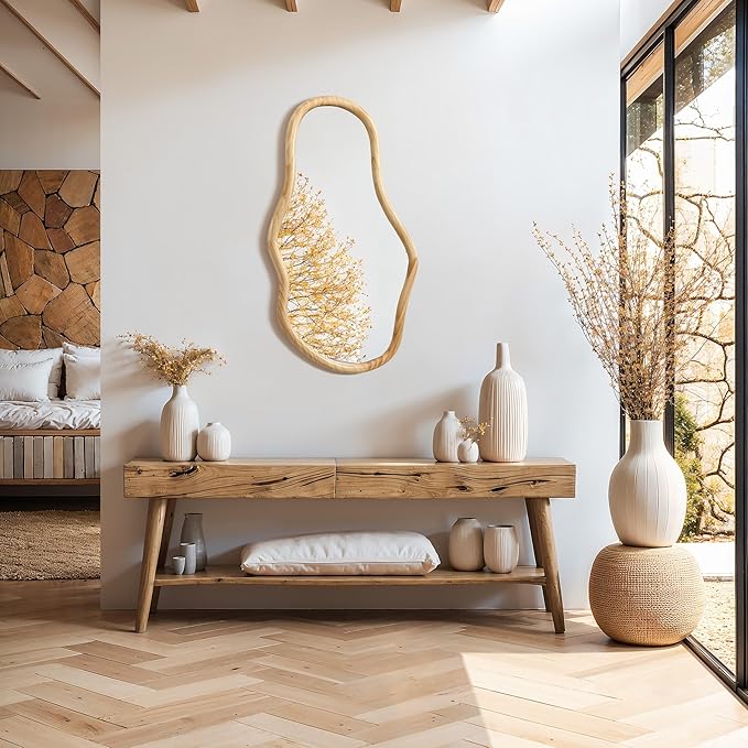 LuxenHome Asymmetrical Natural Wall Mirror for Bathroom, Large Irregular Oval Modern Decorative Vanity Mirror with Solid Wood Frame, Wall Mounted Hanging Sculptures for Living Room Bedroom Entryway