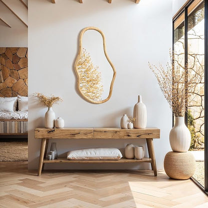 LuxenHome Asymmetrical Natural Wall Mirror for Bathroom, Large Irregular Oval Modern Decorative Vanity Mirror with Solid Wood Frame, Wall Mounted Hanging Sculptures for Living Room Bedroom Entryway