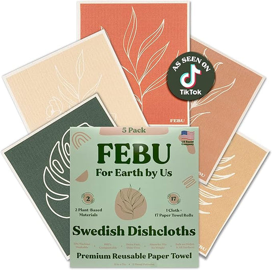 FEBU Swedish Dish Cloths 5 Pack Floral Reusable Washable Kitchen Dish Towels