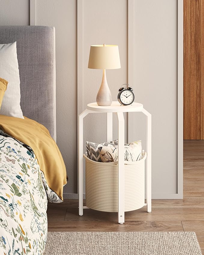 TUTOTAK Small Side Table, Round End Table, Night Stand, Bedside Table, Sofa Table with Storage Basket, Living Room, Bed Room, White TB01BW092