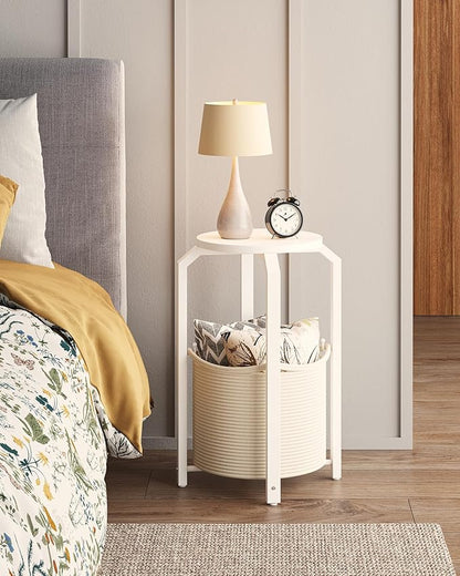TUTOTAK Small Side Table, Round End Table, Night Stand, Bedside Table, Set of 2, Sofa Table with Storage Basket, Living Room, Bed Room, White TB01BW0922