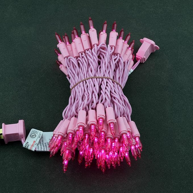 YULETIME Pink LED Christmas Lights with Pink Wire, 33 ft 100 Count UL Certified Commercial Grade Holiday String Light Set