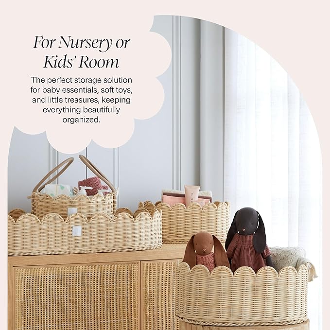 BEBE BASK Premium Scalloped Basket Set Of 2 - Scallop Basket - 16 x 10 x 7 Inch - Hand-Woven Elegant Wicker With Scalloped Edge - Nursery Storage (Natural)