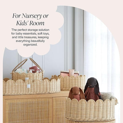 BEBE BASK Premium Scalloped Basket Set Of 2 - Scallop Basket - 16 x 10 x 7 Inch - Hand-Woven Elegant Wicker With Scalloped Edge - Nursery Storage (Natural)