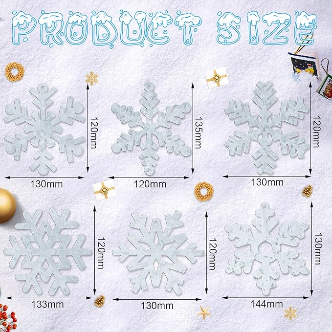 Oudain 6 Pieces Metal Snowflake Ornaments Christmas Galvanized Snowflake Hanging Ornament Farmhouse Snowflake Tree Hanging Decoration for Xmas Winter Party Decor, 5.12 Inch, Silver