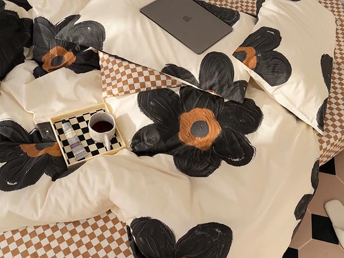 CLOTHKNOW Black Sunflower Twin/Twin XL Comforter Set Floral Bedding Comforter Sets Brown Plaid Comforter Boho Comforter with 2 x Pillow Cases