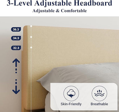 Allewie Queen Size Bed Frame with Adjustable Headboard, Upholstered Platform Bed with Wood Slats, Heavy Duty Mattress Foundation, No Box Spring Needed, Noise-Free, Easy Assembly, Beige
