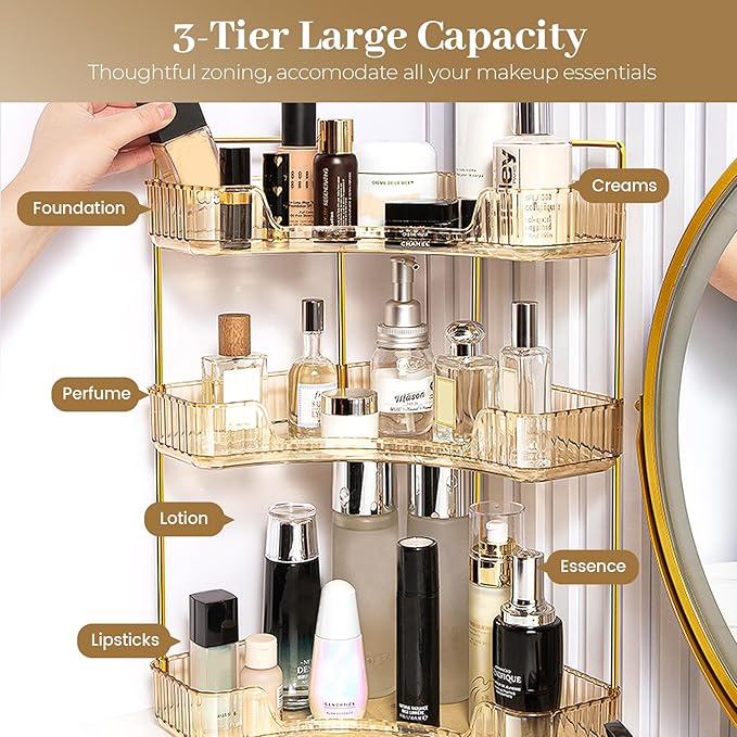 Aveniee Corner Bathroom Counter Organizer, Bathroom Countertop Shelf Makeup Organizer for Vanity Perfume Corner Storage (3 Tiers, Gold)