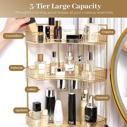 Aveniee Corner Bathroom Counter Organizer, Bathroom Countertop Shelf Makeup Organizer for Vanity Perfume Corner Storage (3 Tiers, Gold)
