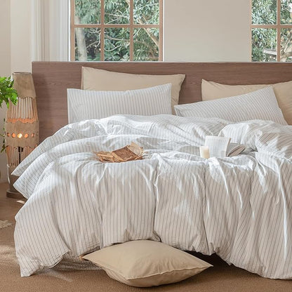 MooMee Striped Duvet Cover Set 100% Washed Cotton Linen Like Textured Breathable Durable Soft Comfy (White Cornflower Blue Wide Stripes, Oversized Queen 98"x98")