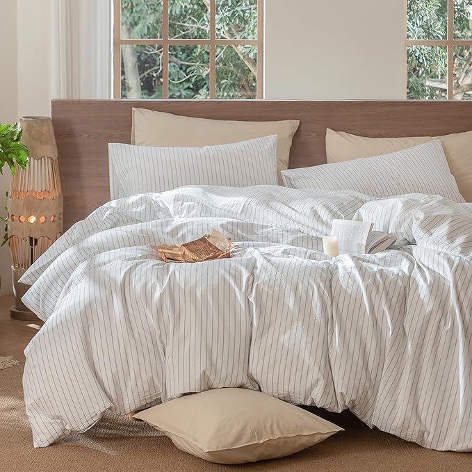 MooMee Striped Duvet Cover Set 100% Washed Cotton Linen Like Textured Breathable Durable Soft Comfy (White Cornflower Blue Wide Stripes, Super Queen 90"x98")