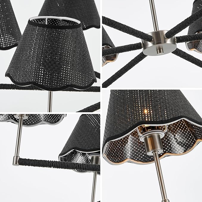 39" Boho Rattan Chandelier Large Adjustable Modern Black and Brushed Nickel Pendant Light for Kitchen Island Dining Living Room, UL Listed