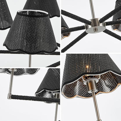 39" Boho Rattan Chandelier Large Adjustable Modern Black and Brushed Nickel Pendant Light for Kitchen Island Dining Living Room, UL Listed