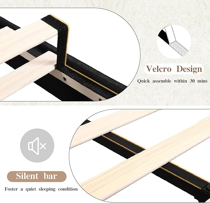 VECELO Queen Bed Frame with Type-C & USB Ports, Upholstered Platform Height-Adjustable Cotton and Linen Headboard,No Box Spring Needed,Noise-Free,Easy Assembly, Dark Gery