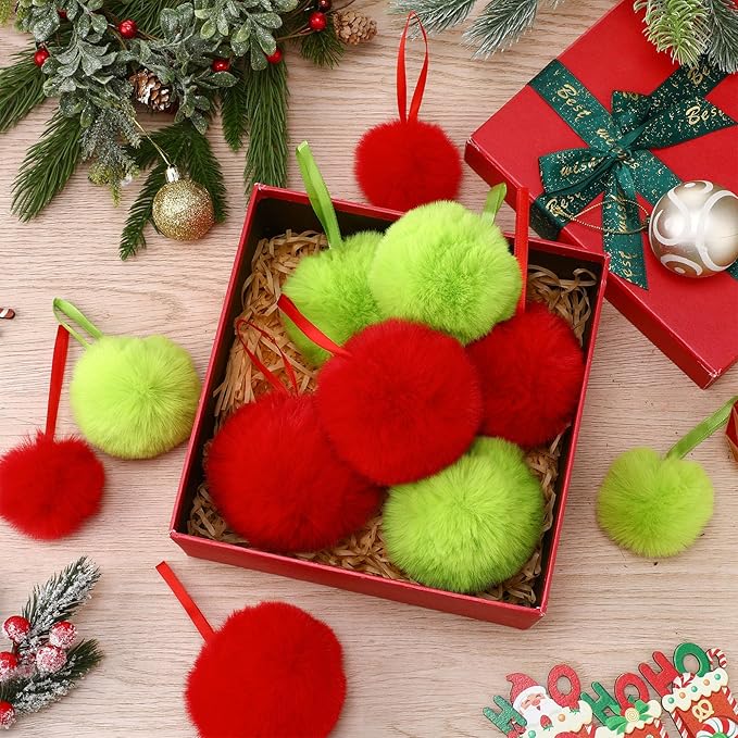 24 Pcs Red and Green Furry Christmas Ball Ornaments for Tree 2.36/3.15/3.94 Inch Pom Pom Ball Christmas Hanging Decoration for Party Supplies Fireplace Mantel Wall Decor