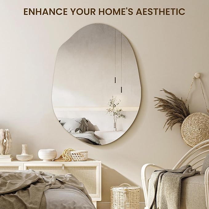 Irregular Asymmetrical Wall Mirror for Living Room Bathroom Entryway, Modern Decorative Wall Mirror Hanging (Hook Style, 24'' x 18'')