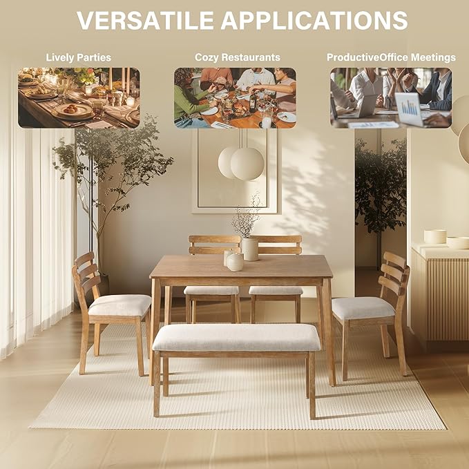 6 Piece Dining Table Set with Bench, Wooden Rectangular Kitchen Table and 4 Upholstered Chairs, Farmhouse Dining Room Furniture for Family Meals, Light Oak Finish