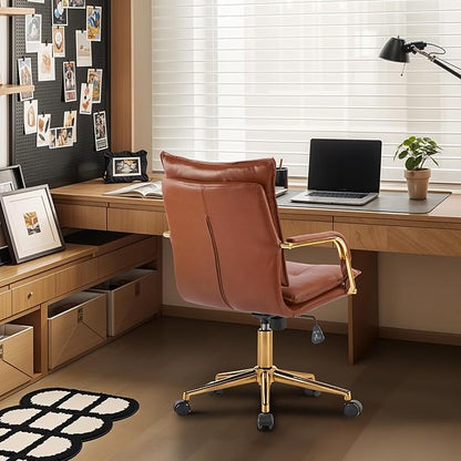 MOJAY Mid-Back Ergonomic Leather Office Chair, Modern Upholstered Executive Desk Chair with Gold Frame Armrest Computer Task Chair (Caramel)