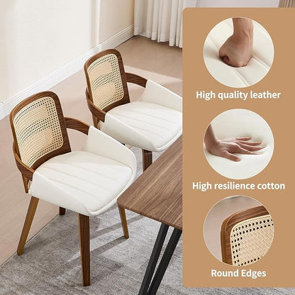 Dining Chairs Set of 2, Mid Century Modern Dining Room Chairs with Arms and Rattan Back PU Leather Upholstered Bentwood Kitchen Chairs for Home Restaurant Office - Beige