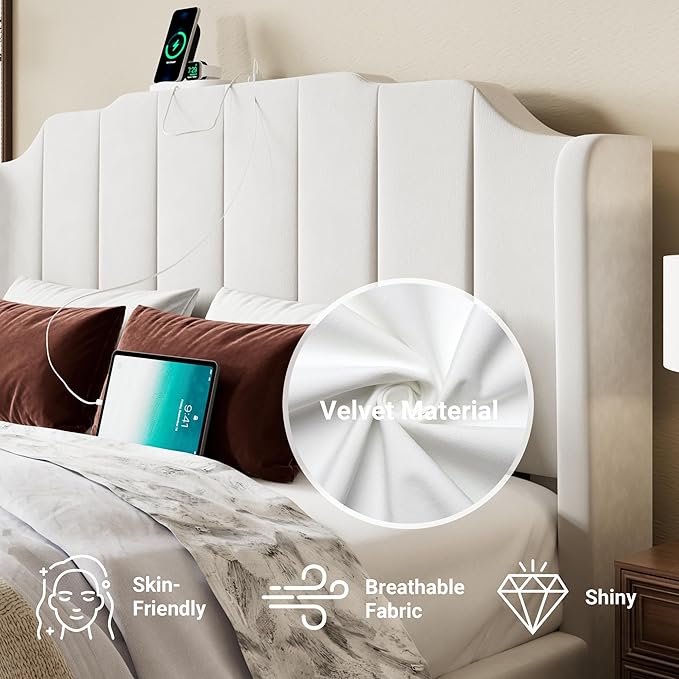 Allewie Vintage Queen Size Velvet Platform Bed Frame with Curved Vertical Tufted Wingback Headboard and Footboard, Charging Station, Easy Assembly, Under Bed Storage, No Box Spring Required, White