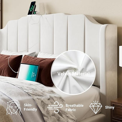Allewie Vintage Full Size Velvet Platform Bed Frame with Curved Vertical Tufted Wingback Headboard and Footboard, Charging Station, Easy Assembly, Under Bed Storage, No Box Spring Required, White
