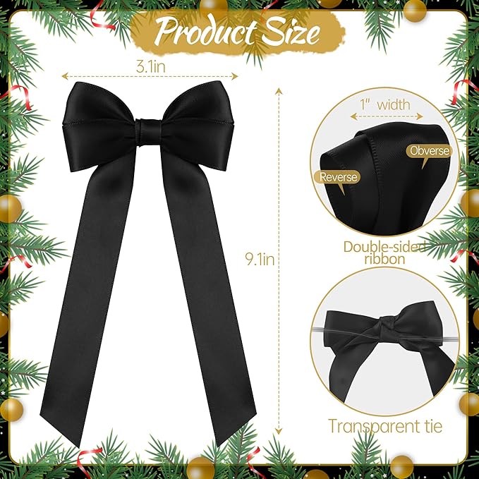 AYGXU 24pcs Christmas Bows Decor,premade Black Ribbon Bows for Christmas Tree Decorations,Double-Sided Ribbon Bow,Bows for Gift Wrapping,Bag Ties Twists