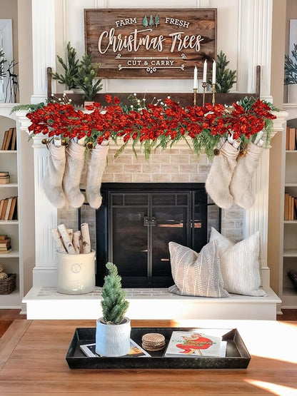 3 Pcs 6FT Christmas Garland Red Glittered Artificial Holly Leaves for Mantle Christmas Tree Decorations Indoor Outdoor Hanging Garland Ornaments Home Decor Garden Door Wall Window Stair Decoration