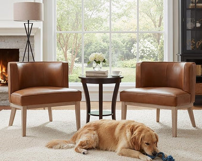 Comfy Barrel Chair Mid Century Modern Accent Chair with Solid Wood Leg Upholstered Reading Arm Chair Faux Leather Waiting Room Round Side Chairs for Small Spaces Living Room Bedroom Office, Brown