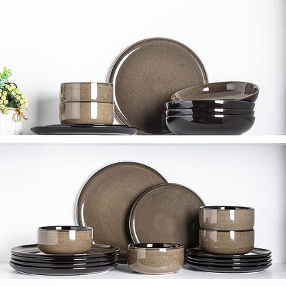 LeRATIO Ceramic Dinnerware Set of 4, Poreclain Plates, Bowls, Handmade Reactive Glaze Dishes, Chip Resistant, Oven & Dishwasher Safe, Service for 4-Espresso Brown