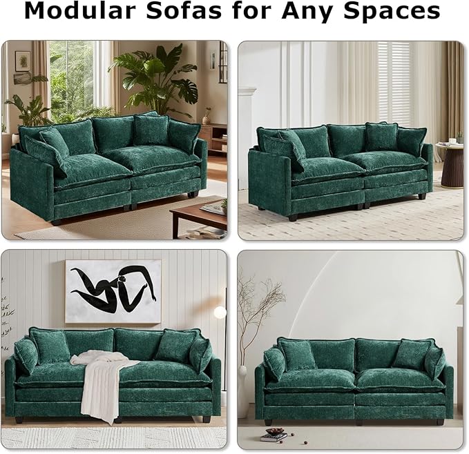 SoarFlash Chenille 71.6" Sectional Sofa, Comfy L Shaped Modular Coush Sofa with Ottoman, Modern 2 Seat Couch Deep Seat Sofa Set for Living Room,Green