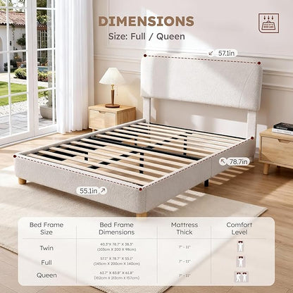 Full Size Cloud Bed Frame, Upholstered Boucle Bed Frame with Adjustable Headboard, Solid Wood Legs, Rounded Corners Design & Easy Assembly – Modern Platform Bed,Cream