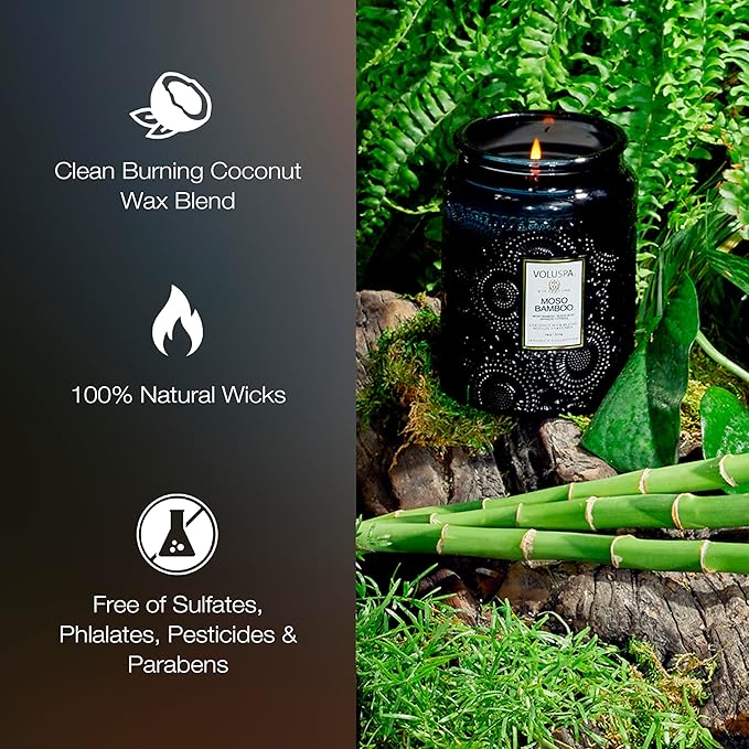 Voluspa Moso Bamboo, Large Candle Jar, 18 ounce, 100 Hour Burn Time, Coconut Wax for Clean Burning, Handcrafted in the USA