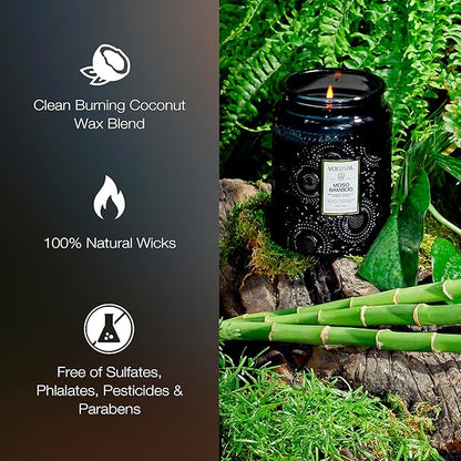 Voluspa Moso Bamboo, Large Candle Jar, 18 ounce, 100 Hour Burn Time, Coconut Wax for Clean Burning, Handcrafted in the USA